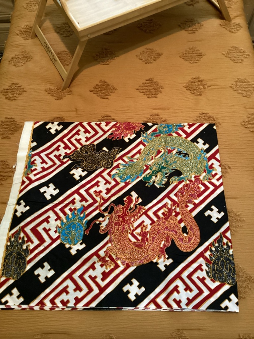 Asian Dragon Fabric - Red, Gold, Turquoise on Black & White 42x48 folded